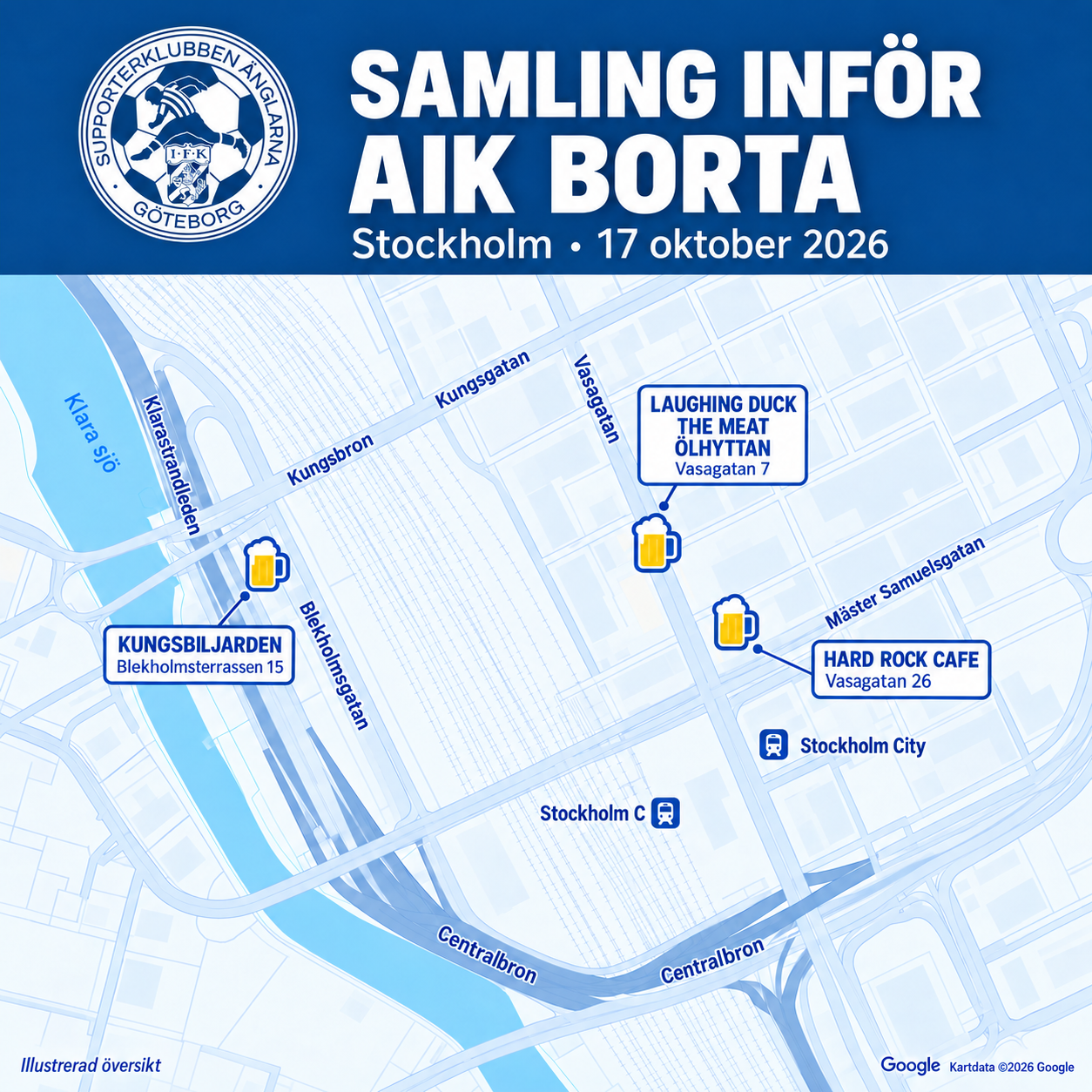 Illustrerad översikt över samlingspubarna inför AIK borta den 17 oktober 2026: Kungsbiljarden på Blekholmsterrassen 15, Laughing Duck, The Meat och Ölhyttan på Vasagatan 7 samt Hard Rock Cafe på Vasagatan 26.